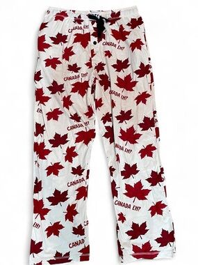 Lazy One Canada Eh? White Pajama Pants with Red Maple Leaf Print